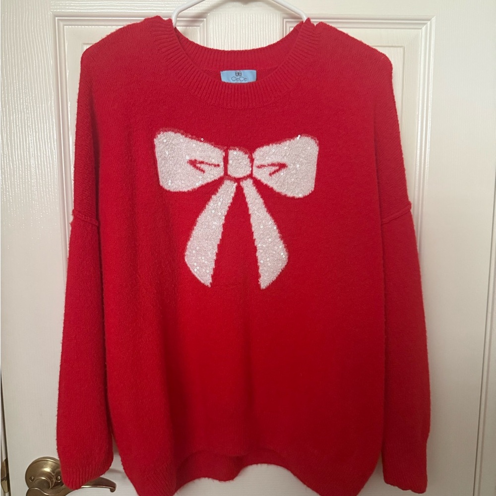 CeCe Red Sweater with White Bow Accent